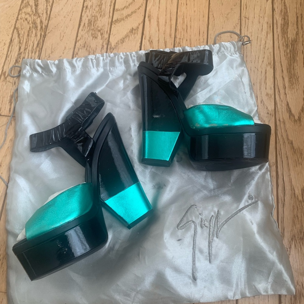 Giuseppe Zanotti Teal Metallic Ankle Strap Wedge Platform